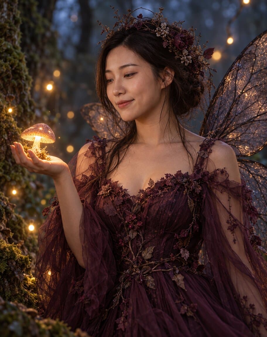 Woman dressed as a dark fairy with translucent wings in a twilight forest