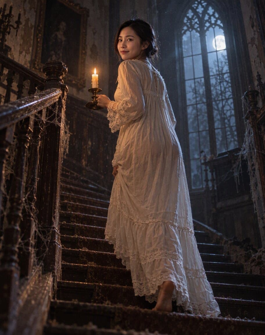 Woman in a vintage white nightgown holding a candle on a dusty grand staircase