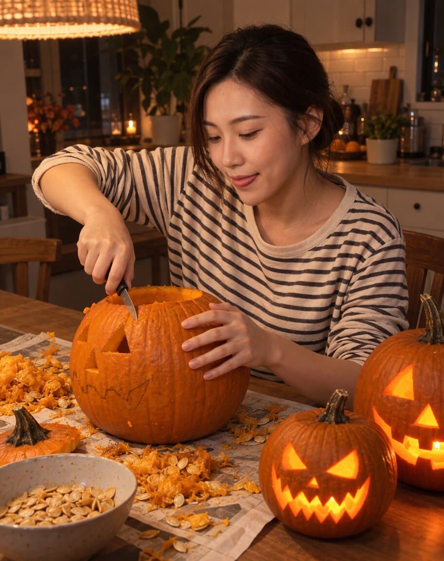 Woman carving a jack-o'-lantern at a kitchen table at night