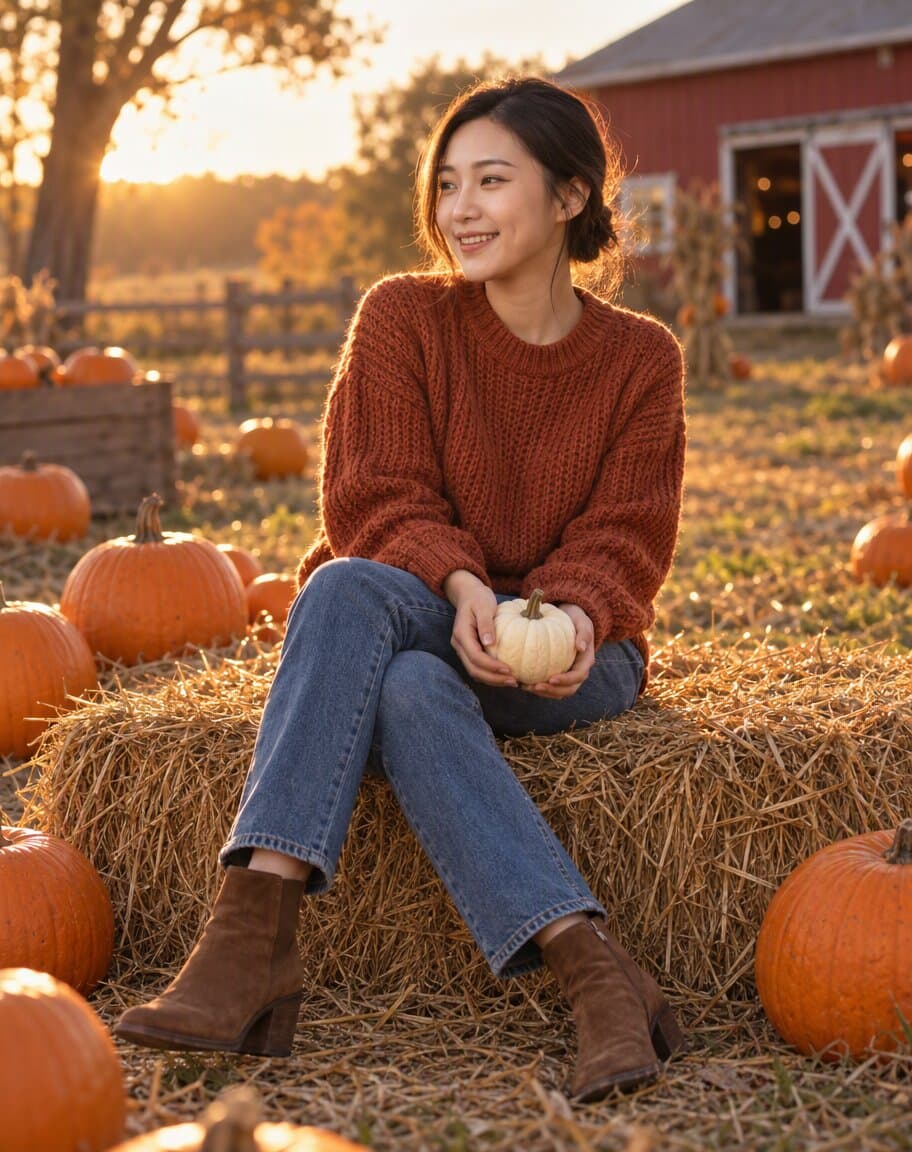 Woman in a rust sweater sitting among pumpkins in a pumpkin patch at golden hour