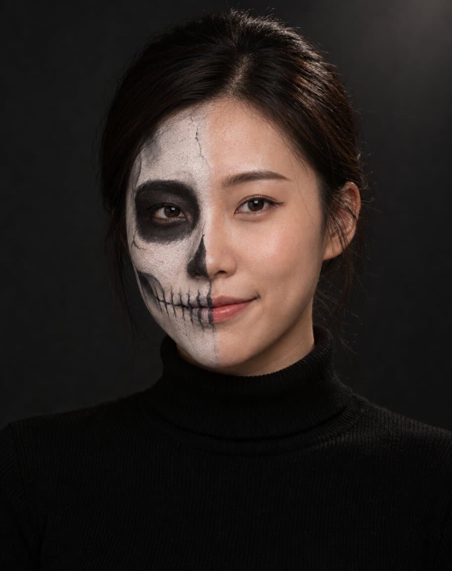 Woman with half-face skeleton makeup against a dark background