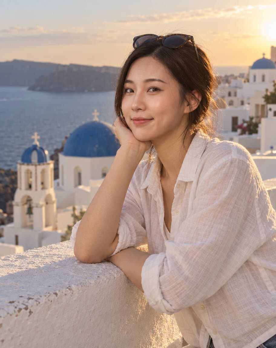 Woman leaning on a white wall above a blue-domed Greek island village