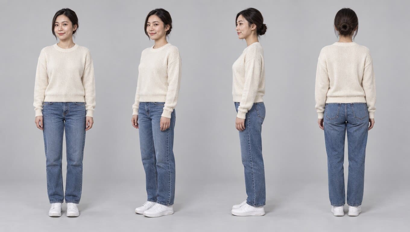 Character turnaround sheet showing the same woman from front, three-quarter, side and back