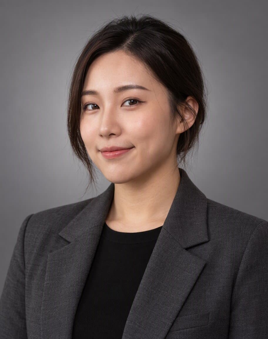 Professional headshot of a woman in a charcoal blazer against a grey backdrop