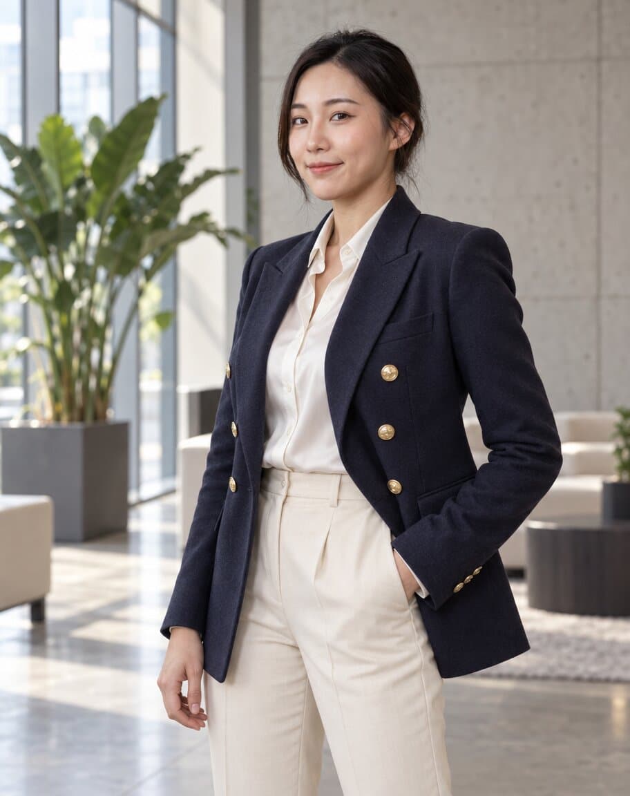 Woman in a navy double-breasted blazer standing in a bright office lobby