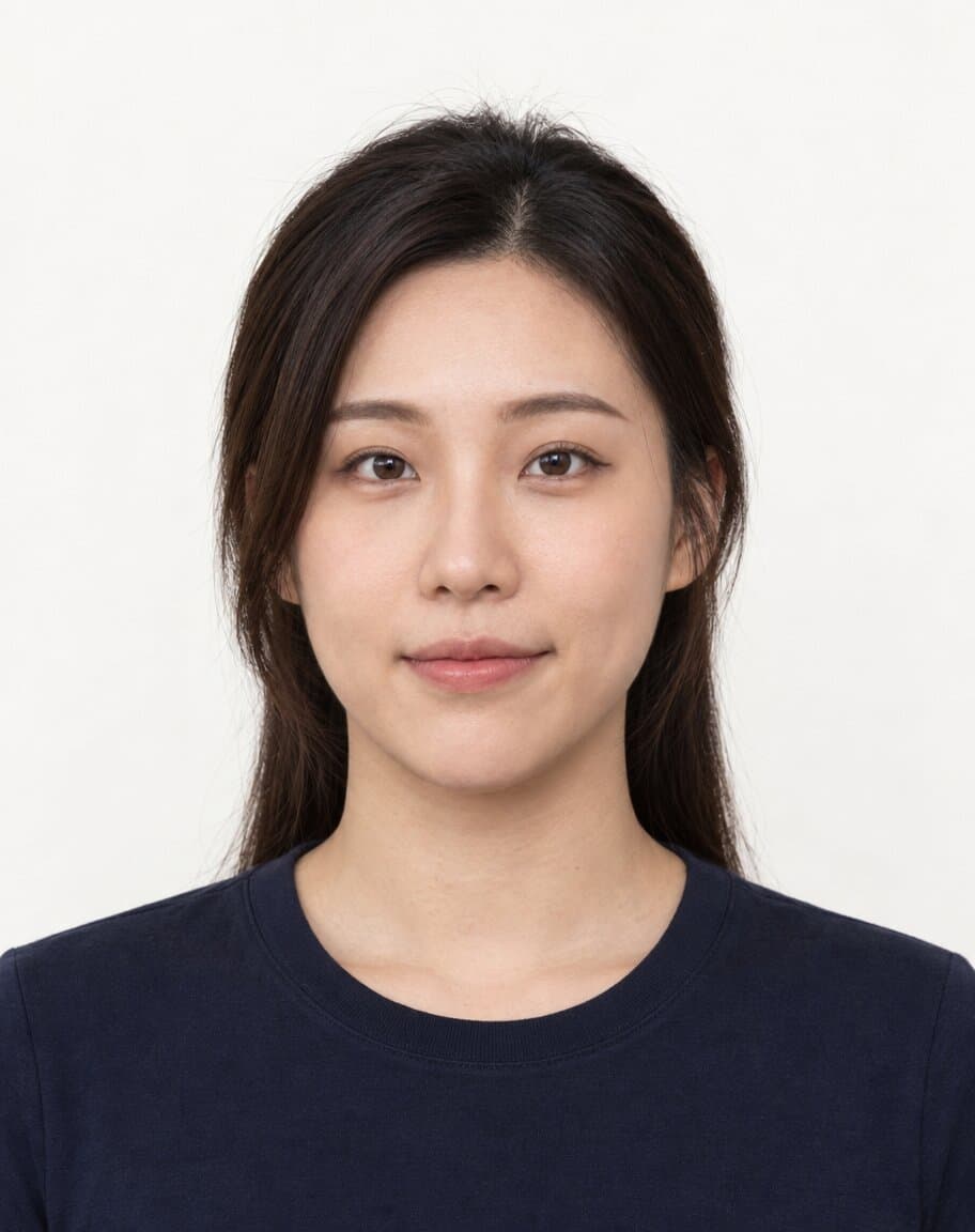 Passport-style photo of a woman with a neutral expression on a white background