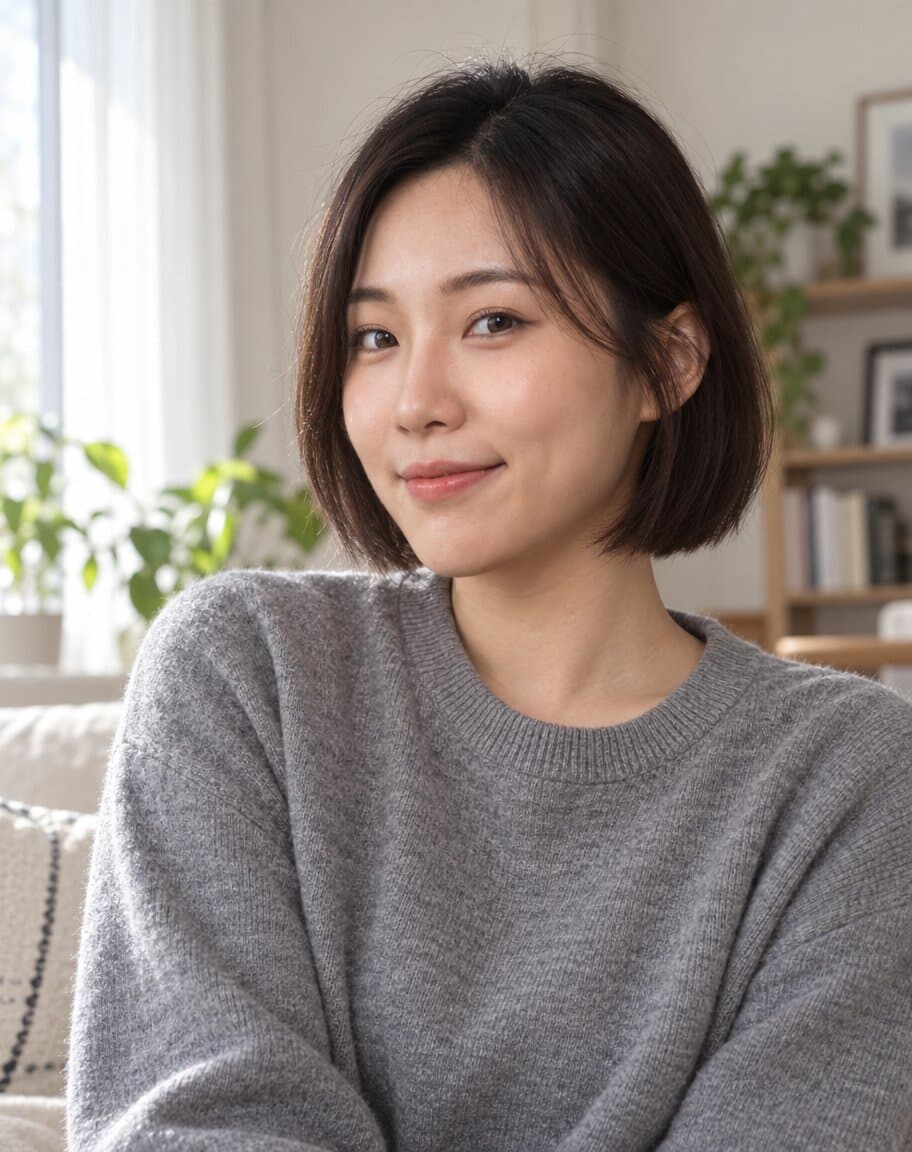 Woman with a new chin-length bob haircut in soft window light