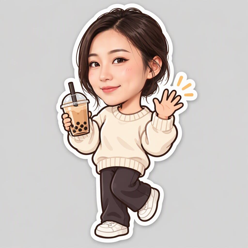 Die-cut kawaii sticker illustration of a woman waving with a white border