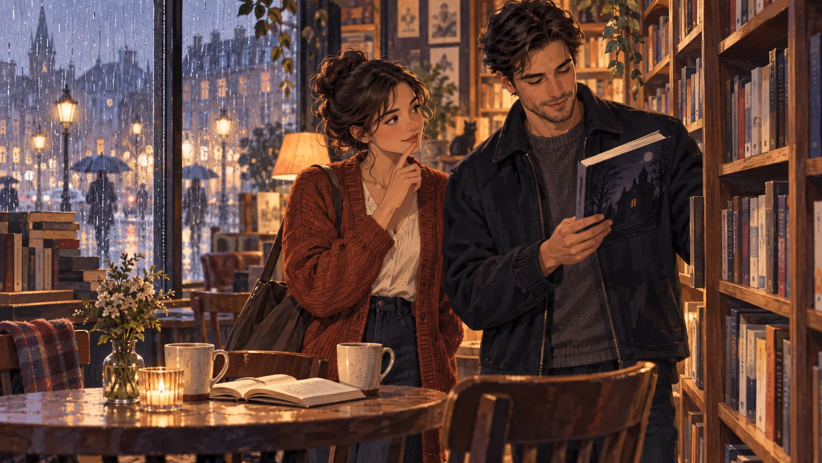 Illustration for the Rainy-Day Bookshop fictional romance game