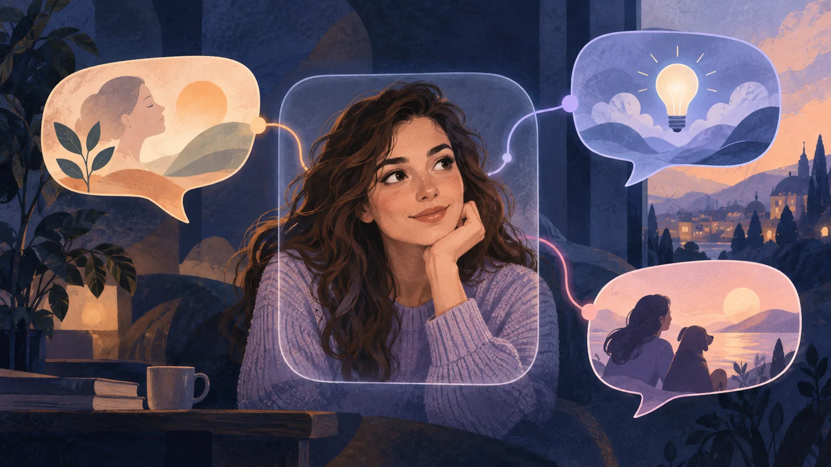 An illustrated adult fictional companion surrounded by imagined conversation scenes